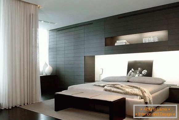 Schlafzimmerdesign in einem modernen Stil mit schwarzen Elementen