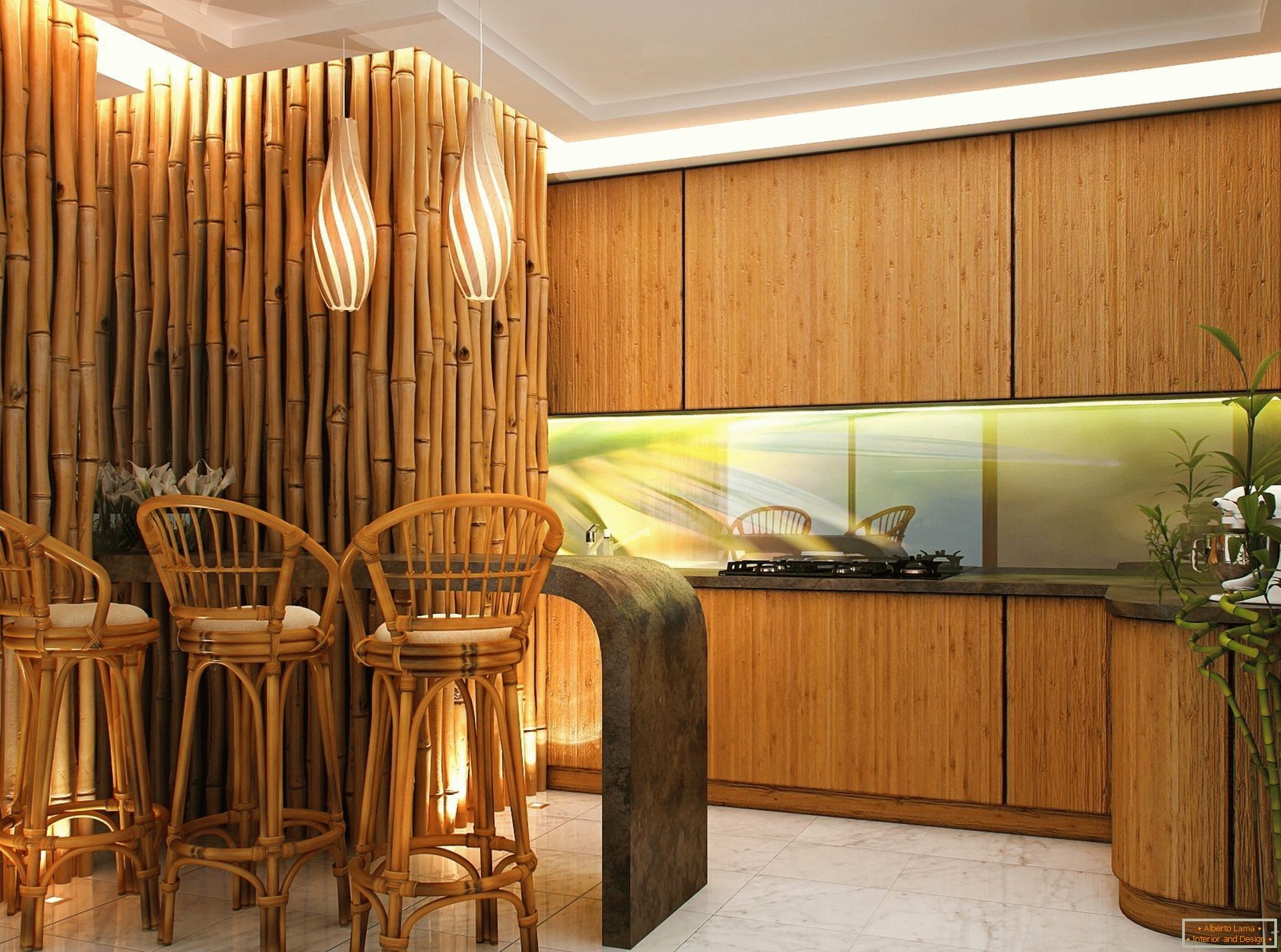 Wände und Stühle aus Bambus