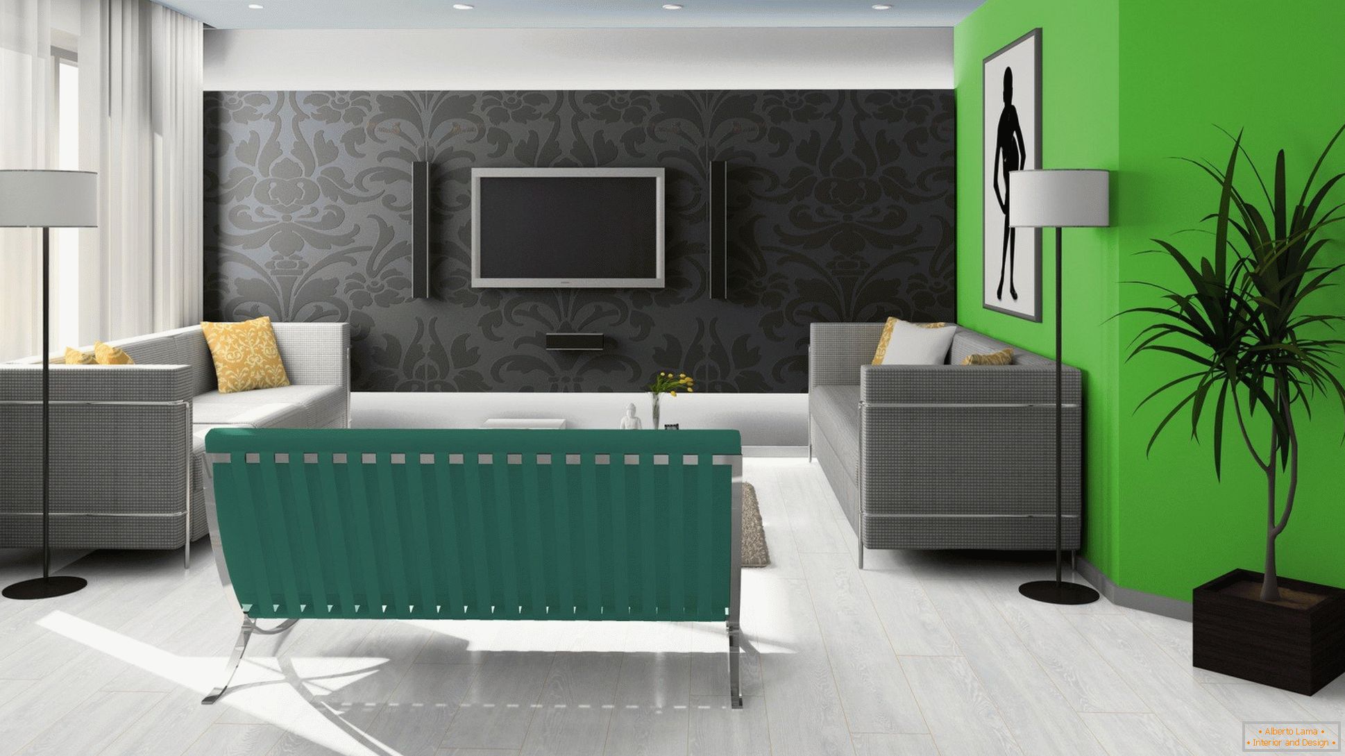 Schwarz, Grün und Weiß im Design des Wohnzimmers