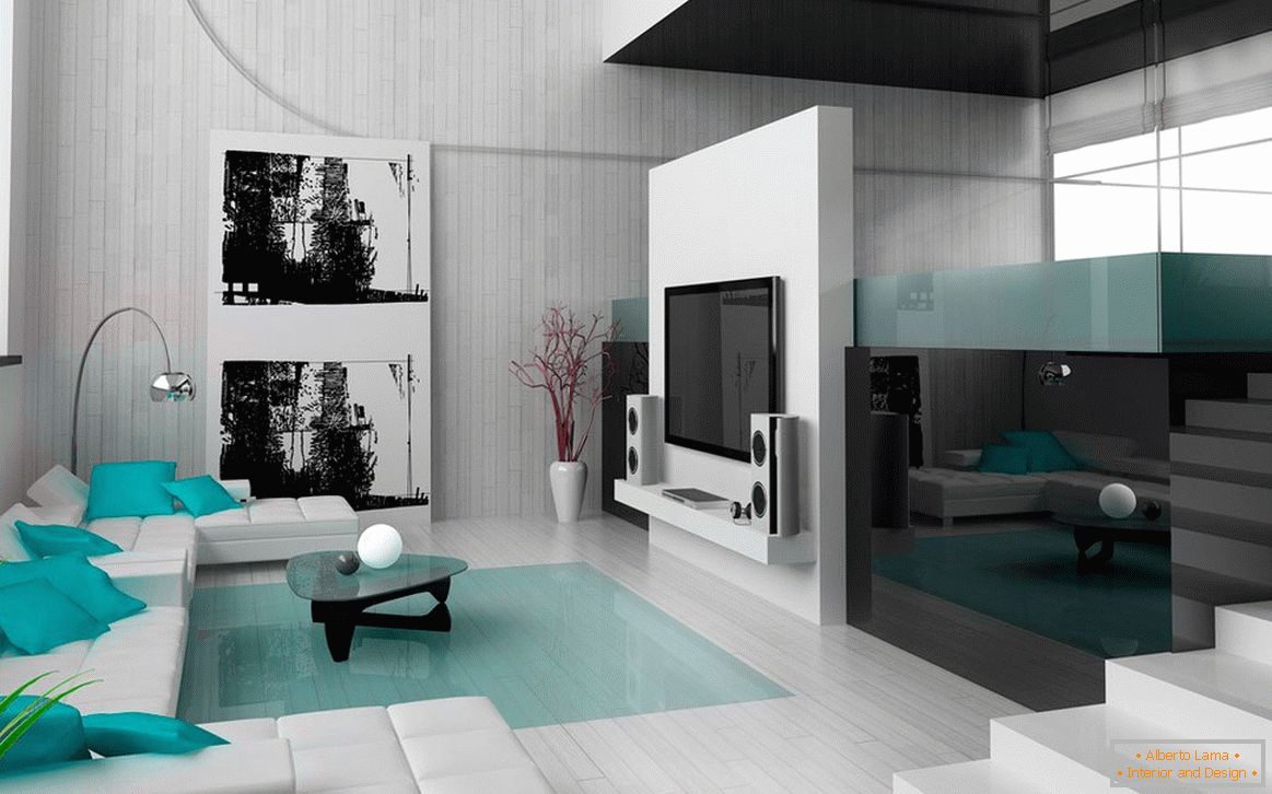 Wohnzimmer in Schwarz-Weiß-Farben mit türkisfarbenen Einrichtungsgegenständen