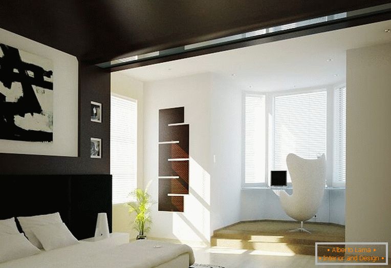 Ein gemütliches Schlafzimmer mit einer schwarzen Decke und Wänden