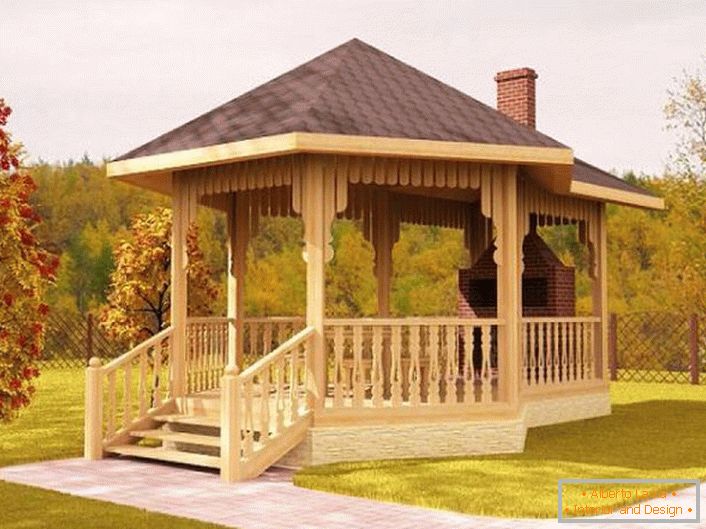 Die beste Dekoration für einen Pavillon im skandinavischen Stil ist ein Holzofen aus Ziegeln oder Naturstein.