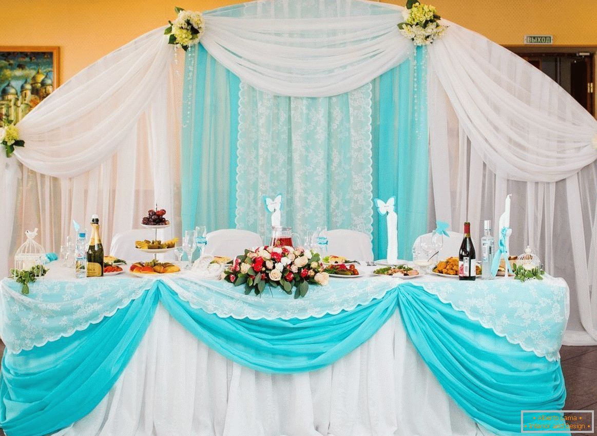 Türkisfarbe in der Dekoration der Hochzeitshalle