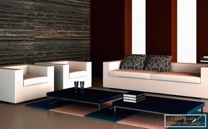 Design-Projekt des Wohnzimmers im High-Tech-Stil. Ein lakonisches Sofa mit zwei Sesseln wirkt harmonisch im minimalistischen Stil. 