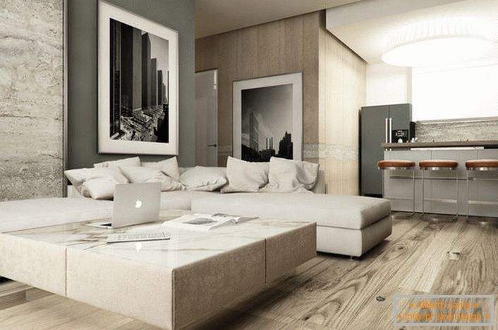 Das zurückhaltende Design des Sofas im High-Tech-Stil ist bemerkenswert für viele identische Kissen in der gleichen Farbe wie die Polsterung. 