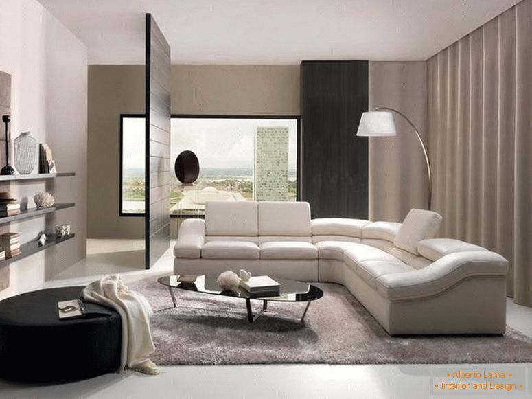 Weiches, bequemes Sofa im High-Tech-Stil, passt perfekt in das Innere des Studio-Apartments. 
