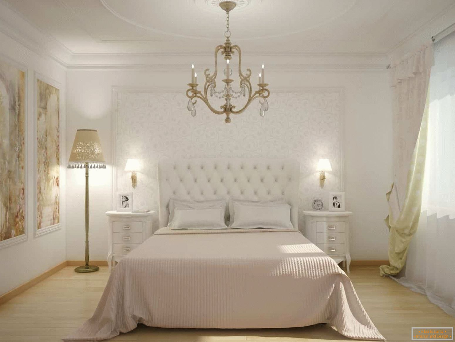 Klassisches weißes Schlafzimmer mit einer Platte auf der Wand