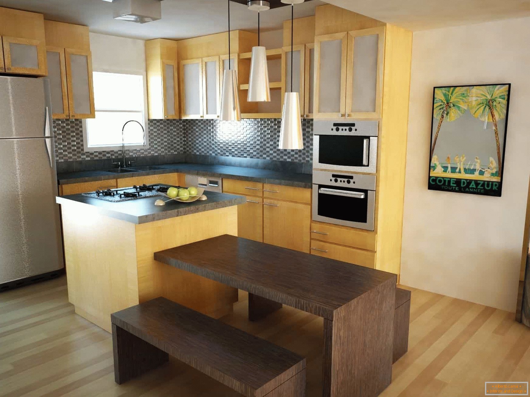 Eckküche mit Fenster mit Tisch und Bänken im Öko-Stil