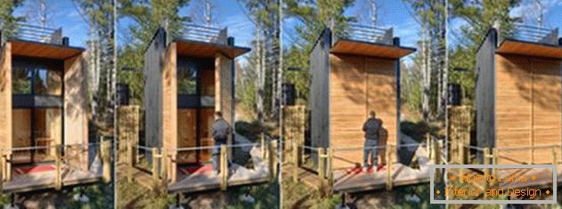 Design des Hauses aus den Containern: die schwingenden Holztüren