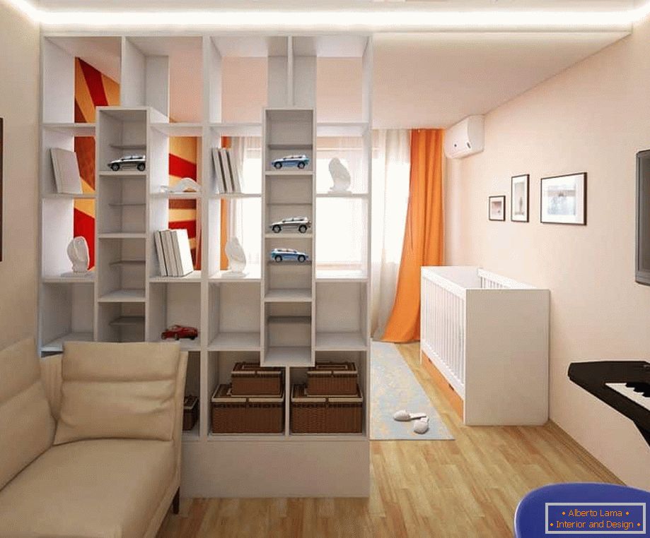 Aufteilung des Raumes in zwei Teile Kinderzimmer und Wohnzimmer Regale