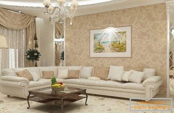 Klassisches Design des Wohnzimmers in einem privaten Haus in weißen und beigen Farben