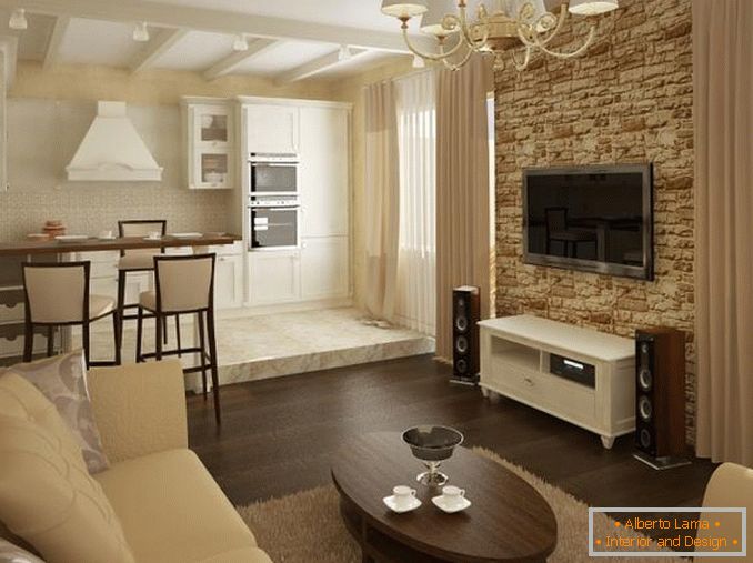 Aufteilung des Wohnzimmers mit unterschiedlicher Dekoration des Bodens und der Wände