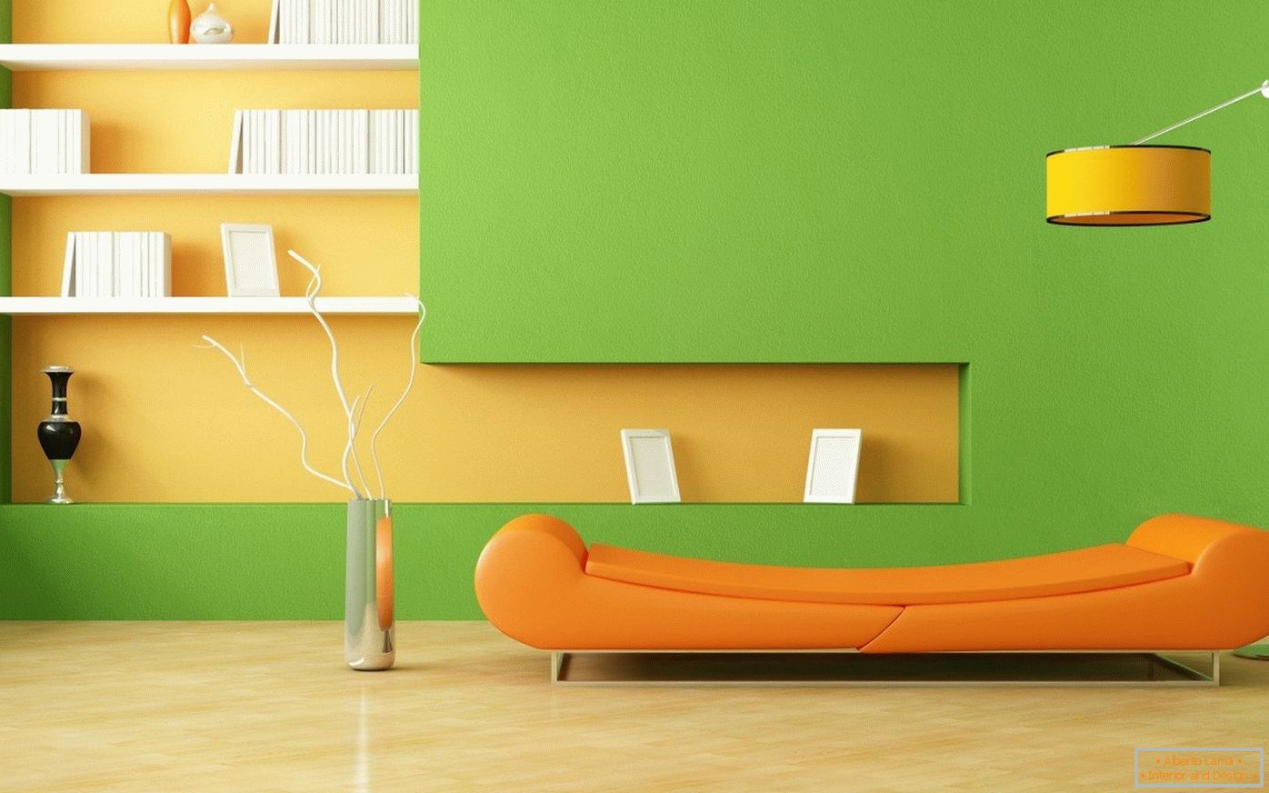 Orange Sofa und grüne Wände