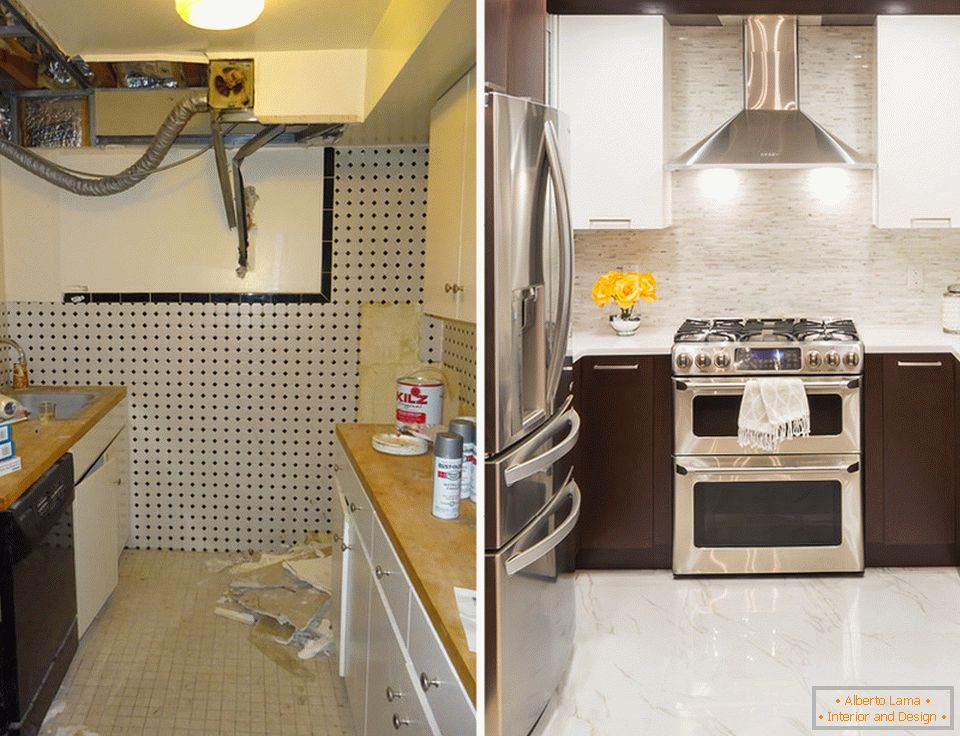 Innenarchitektur der kleinen Küche vor und nach der Reparatur
