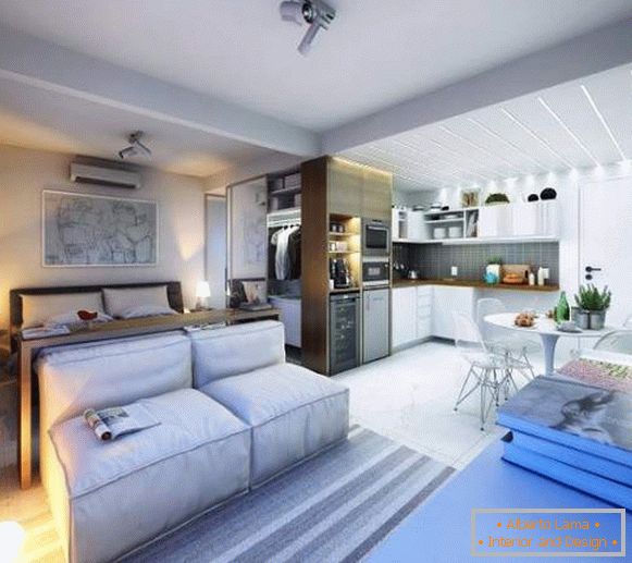 Ideen für die Gestaltung von Studio-Apartments 30 qm - Foto von Wohnzimmer, Schlafzimmer und Küche