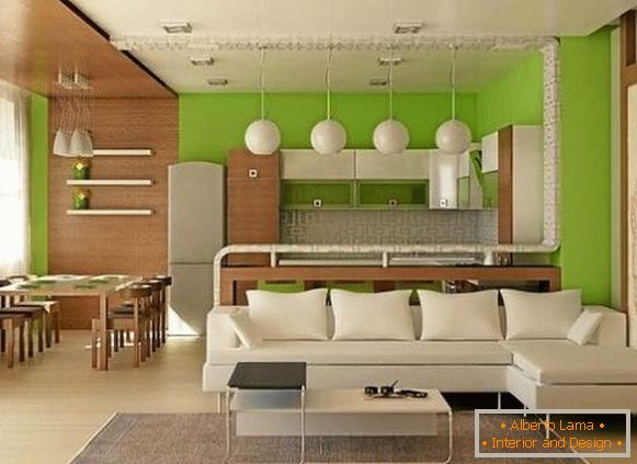 Design-Projekt der Studio-Wohnung von 25 qm in weißen, grünen und braunen Tönen