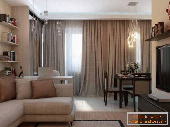 Design einer Einzimmerwohnung von 35 qm - ein Wohnzimmer mit einer Küche und einem Esszimmer