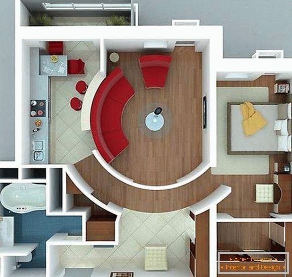 Design-Projekt der Ein-Zimmer-Wohnung mit separatem Schlafzimmer