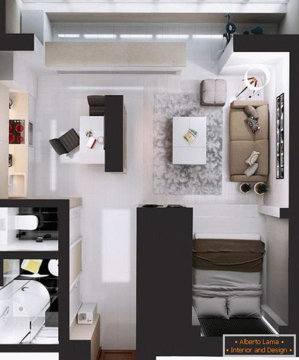 Design-Projekt Studio Studio - wie man das Schlafzimmer und die Halle teilt