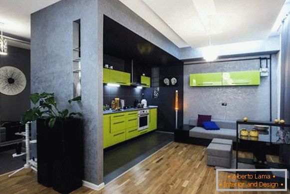 Innenarchitektur einer Einzimmerwohnung mit einer kombinierten Küche