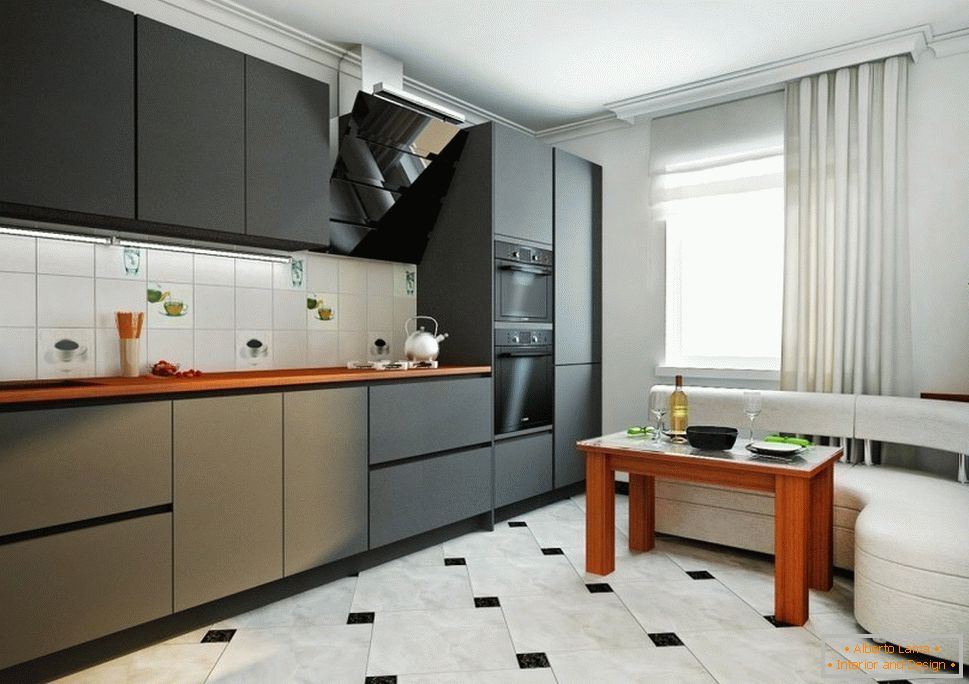 Schwarze Möbel und weiße Ecke in der Küche