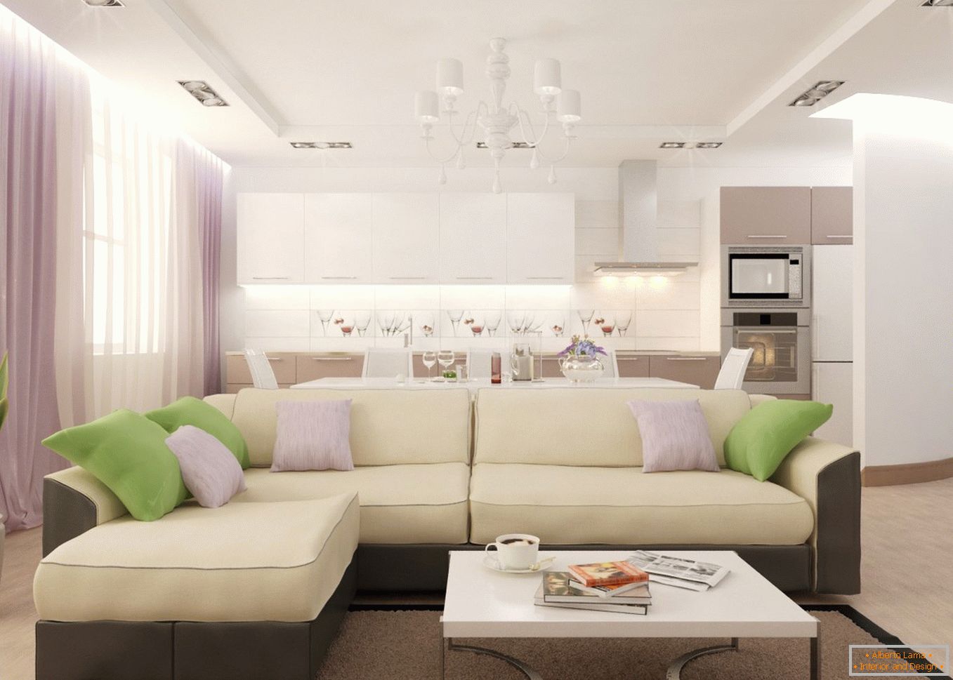 Ein breites Sofa in der Wohnküche