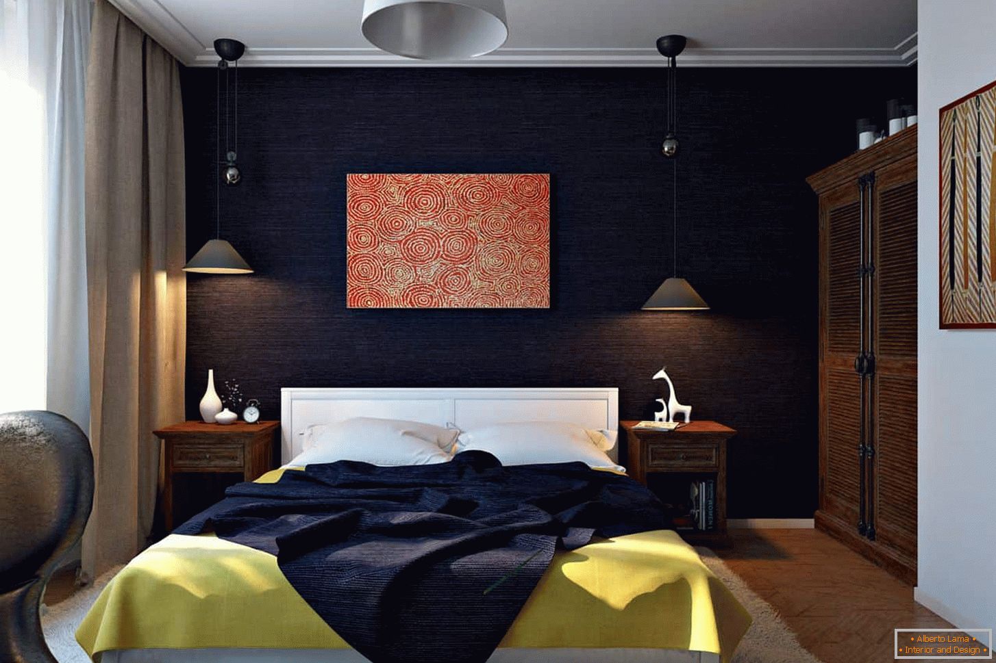Auberginenfarbe in der Dekoration der Schlafzimmerwände