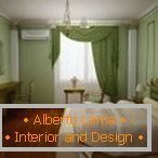 Schlafzimmer in Grün-, Beige und Burgunder-Tönen