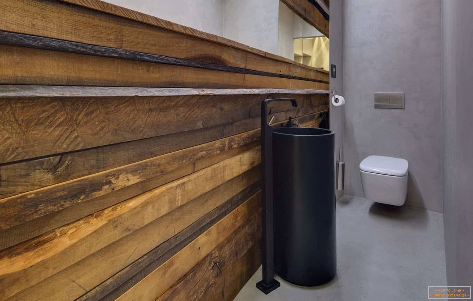Modernes Design einer kleinen Toilette im Öko-Stil mit einer ungewöhnlichen Schale