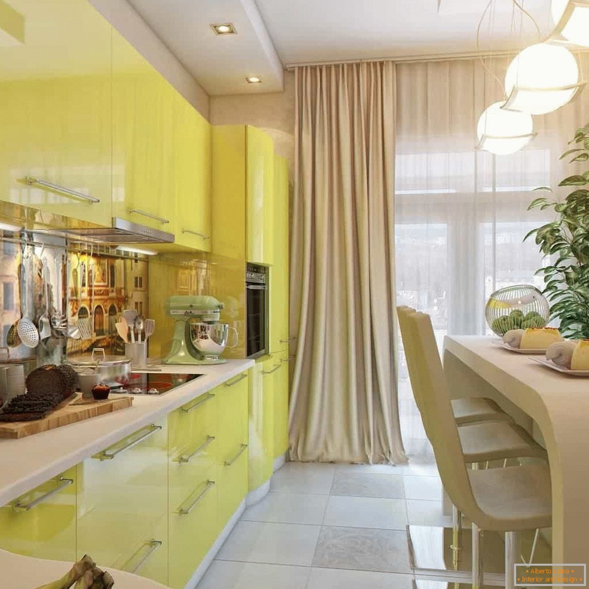 Ecke streckte gelbe Küche mit ursprünglicher Tabelle aus