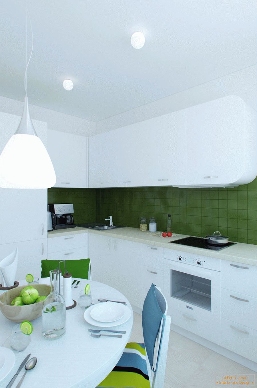Innenarchitektur der Küche in den weißen und grünen Farben