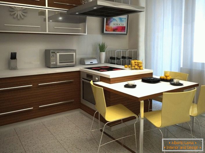 Design-Projekt für eine Küche von 12 Quadratmetern. Richtig gewählte Variante der Möbel ermöglicht es, wertvollen Platz zu sparen.