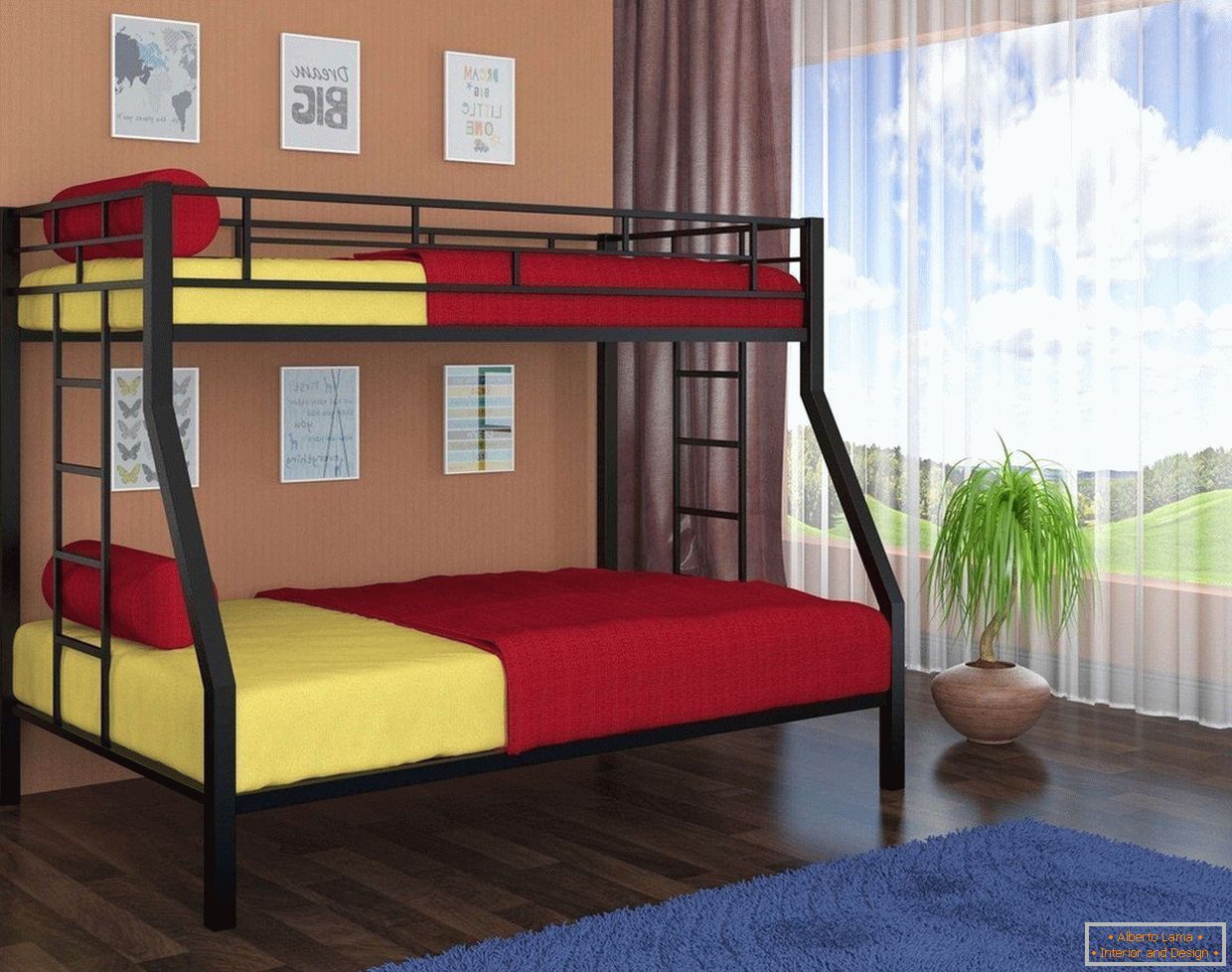 Gelbe und rote Bettwäsche in einem Etagenbett
