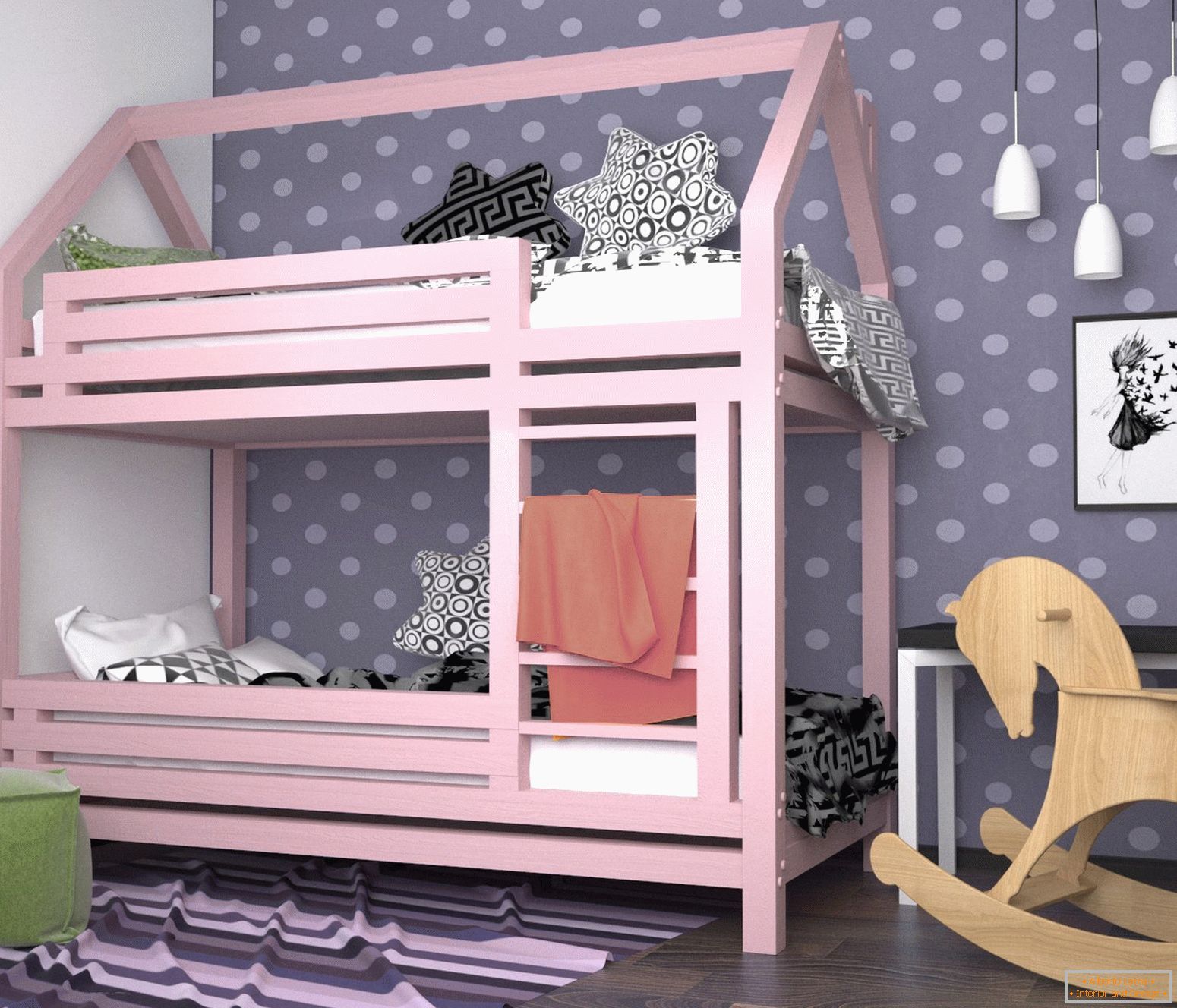 Rosa Etagenbett in einem Kinderzimmer für ein Mädchen