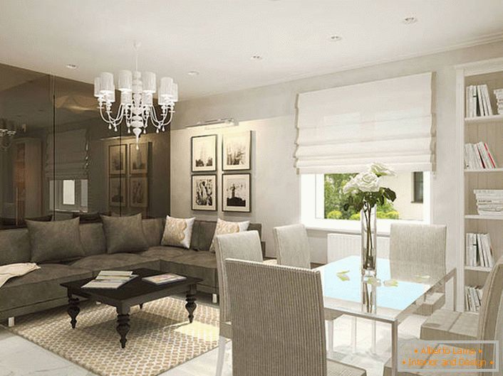 Wohnzimmer in einem modernen Stil ist kompetent in einem Erholungsgebiet und einem Essbereich mit Hilfe eines Design-Spiels mit einem Farbschema unterteilt.