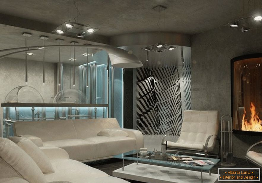 Wohnzimmer im High-Tech-Stil mit elektrischem Kamin
