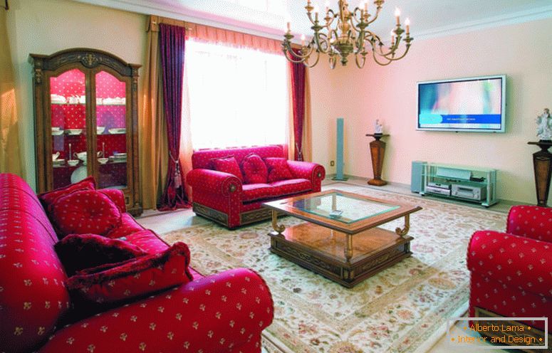 Modern-Stil-Möbel-Wohnzimmer-Design-Ideen-mit-rot-Stoff-Muster-Sofa-Sets-by-geraffte-Arm-und-verzweigte-Kronleuchter-über-Glas-Top-Kaffee-Tisch-as- Wohn-Esszimmer-im-traditionellen-Stil
