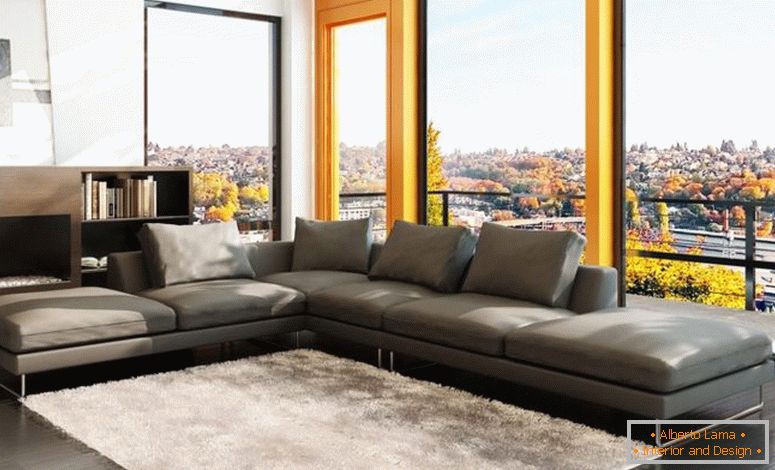 elegance-beautiful-grey-sofa-design-in-modern-stil-wohnzimmer-wie-gut-glas-fenster-plus-balkon-in-der-nähe-auch-weiß-pelz-on dunkles Holzboden-auch-Holz-Bücherregal