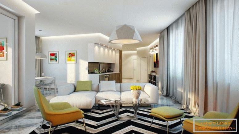 Wohnzimmer-mit-groß-schwarz-weiß-Teppich-und-Eck-Sofa-in-Center