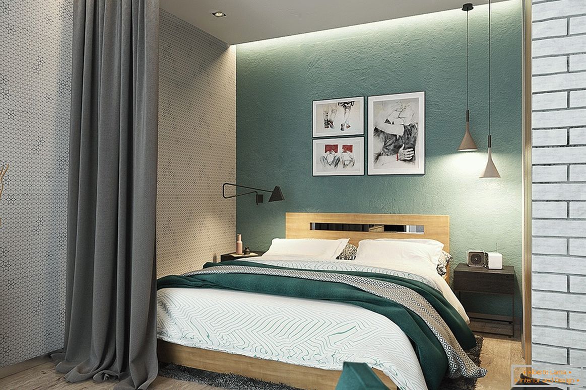 Registrierung eines kleinen Schlafzimmers in grau-grüner Farbe