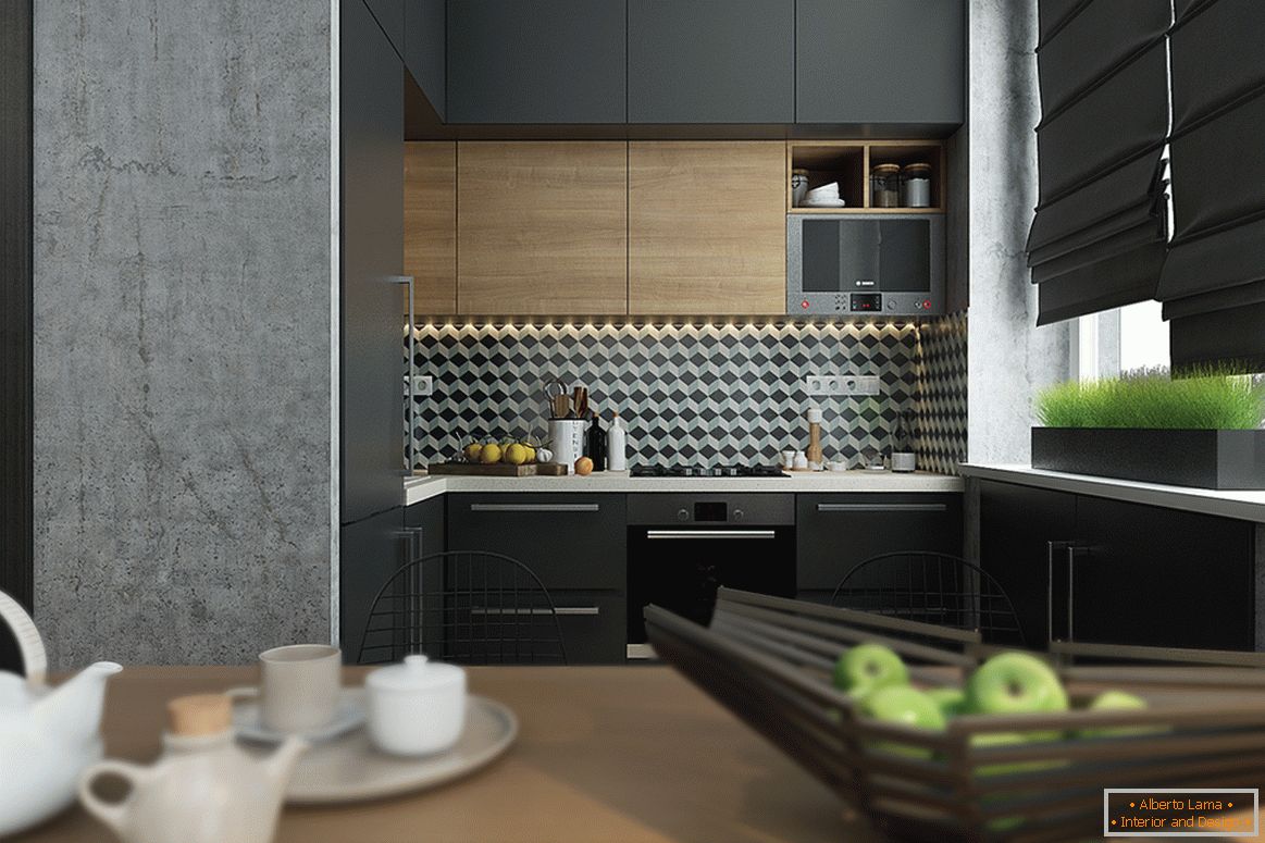 Machen Sie eine kleine Küche in einer grau-grünen Farbe