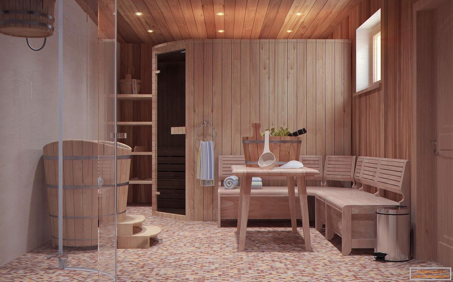Ein Entspannungsraum in einem Badehaus im skandinavischen Stil