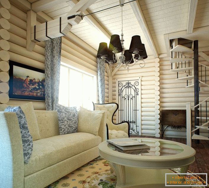 Das Gästezimmer in einem modernen rustikalen Stil ist mit einem Teppich mit Blumenmuster und einem Bild mit einem thematischen Bild dekoriert. 