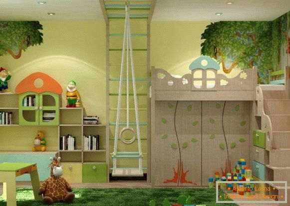 Innenraum mit einem natürlichen Thema eines Kinderzimmers für ein Mädchen von 3 Jahren alt