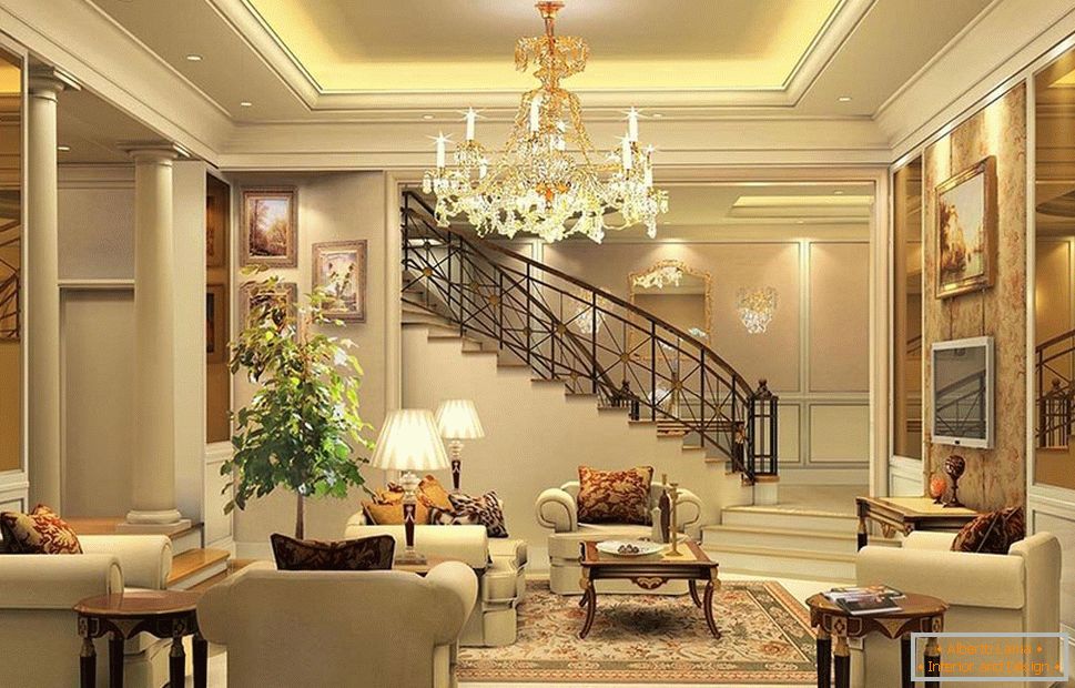 Wohnzimmer im klassischen Stil mit Treppen