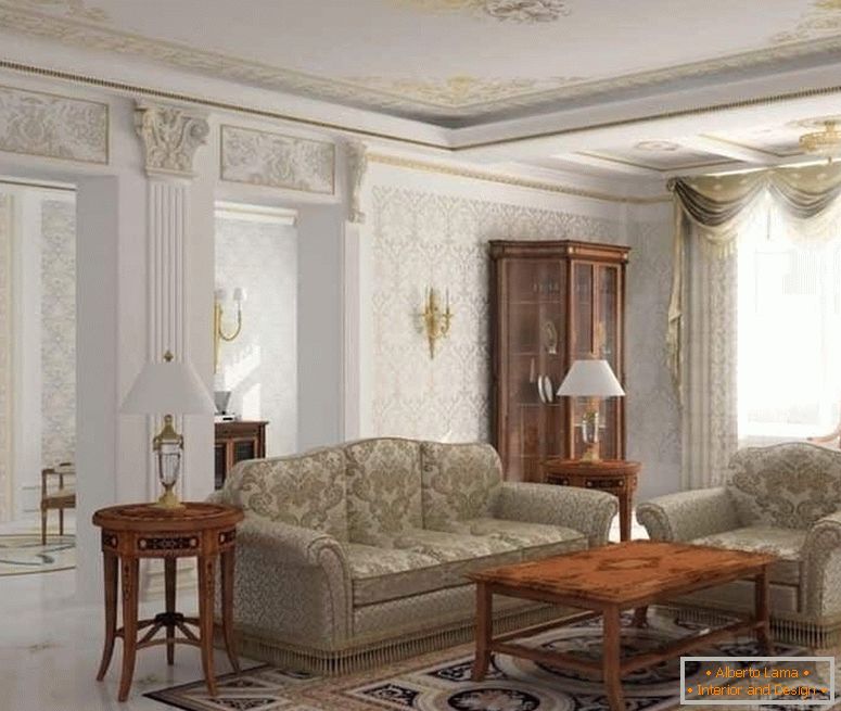Tischlampen, Wandlampen in der Gestaltung des Wohnzimmers in einem klassischen Stil