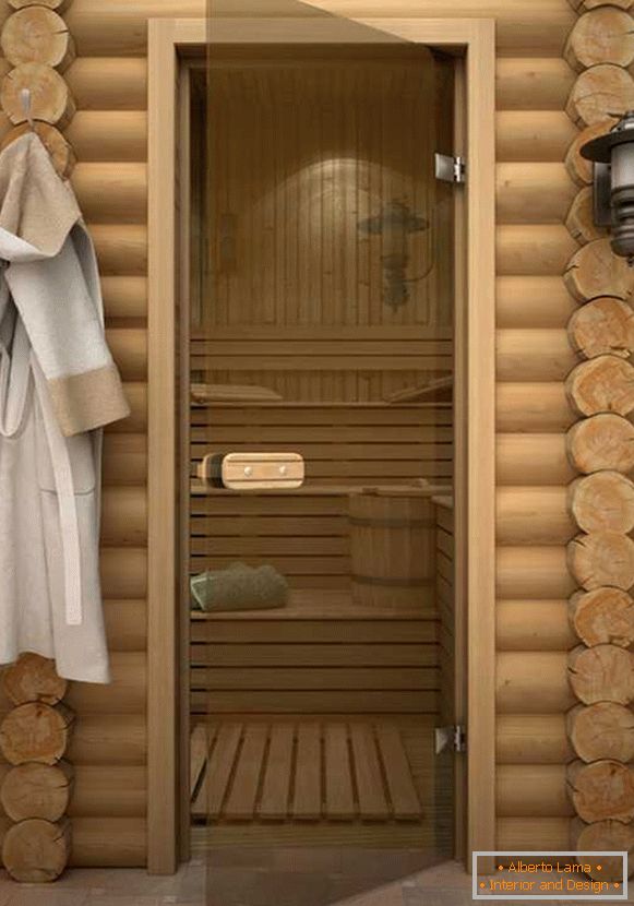 Transparente Glastür für ein Bad mit einem Holzgriff