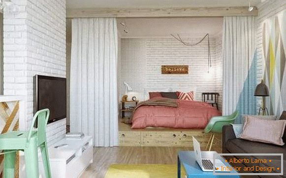 wie man Möbel im Raum einer Einzimmerwohnung anordnet, Foto 24