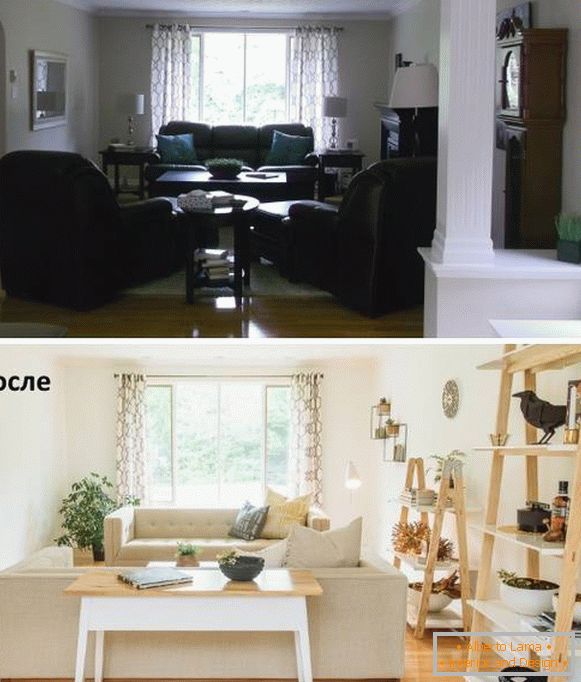 Anordnung der Möbel im Wohnzimmer vor und nach der Schicht