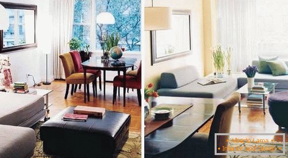 Layout der Halle vor und nach der Neuanordnung der Möbel auf dem Foto